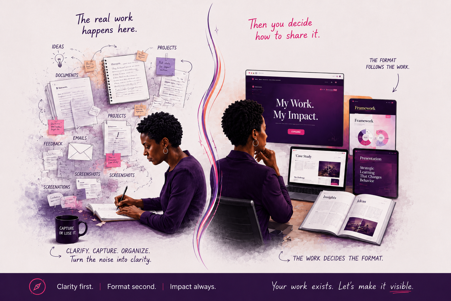 Left: a woman surrounded by scattered notes, documents, and ideas, captioned 'The real work happens here. Clarify. Capture. Organize. Turn the noise into clarity.' Right: the same woman at a desk with a finished website, case study, and presentation formats on screen, captioned 'Then you decide how to share it. The work decides the format.'